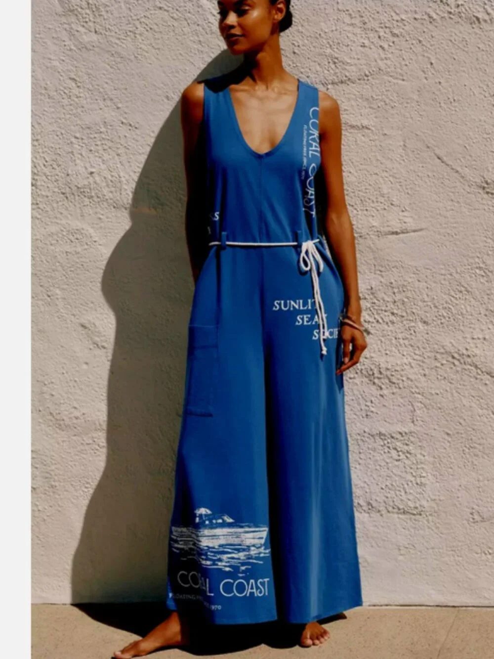 Anthropologie Celandine Coral Coast Knit Wide Leg Jumpsuit Blue Coastal L NWT - Picture 5 of 5
